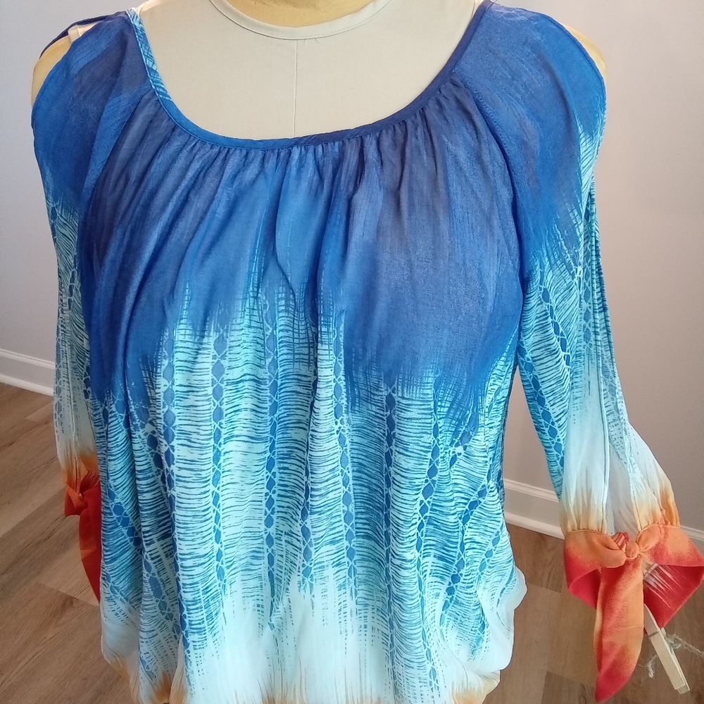 New Directions Size XL Multi-colored Shoulder Tie Arm Blouse